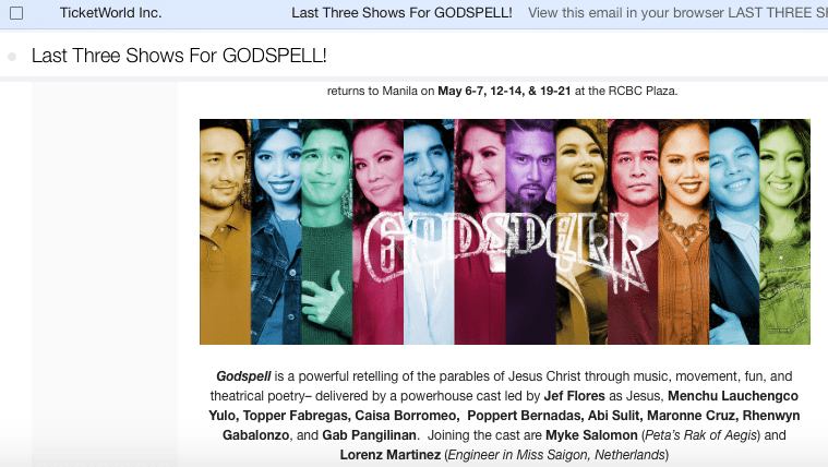 ticketworld last three shows for Godspell